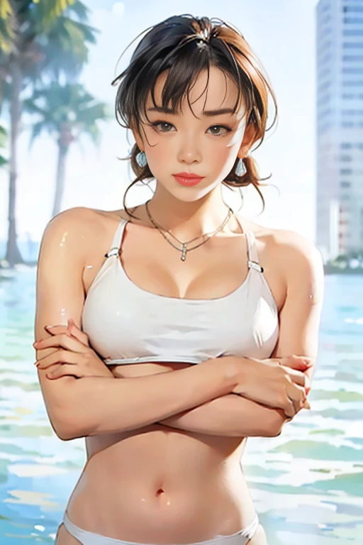((highest quality, 8K, masterpiece: 1.3)), realistic:2.2, sharp: 1.2, perfect body beauty: 1.4, thin abs: 1.2, ((layered hairstyles: 1.2)), (Swimsuit White: 1.1), street: 1.2, full waist up pose , upper knees pose , Light dresses, squat, exposed cleavage, side booty, facing front to the camera , damp, cleavage