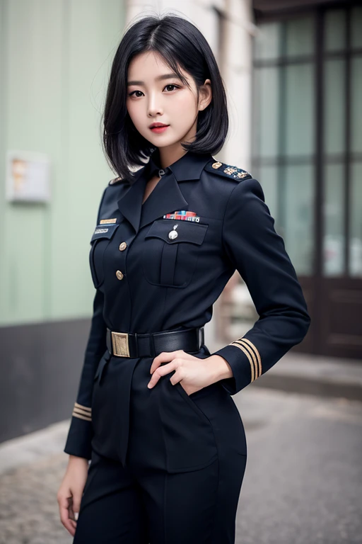 Very detailed CG unity 8K wallpaper，（tmasterpiece），（best qualtiy），（ultra - detailed），（Ultra photo realsisim），（best character detail：1.36），Nikon D750 f / 1.4 55mm，profesional lighting， physically-based renderingt, 1girll, Female soldier，army suit，Dark green military uniform，Fabric texture military uniform，Pure white lining，Dark green tie，Black hair，the golden ratio,[:(com rosto detalhado:1.2):0.2]:,PureErosFace_V1, broad shoulder,(Bigchest:1.5),(big assa:1.5)，Soaked with sweat，red flags，In the square，Splendid scenery，bright sun，upper body photos，Place your hands on your chest，  Small flags，Flag of China，Night Street，lighting，Contre-Jour，Bright smile，White teeth，