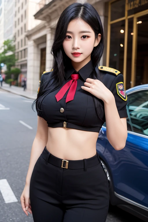 1girl、1boy、Supermodel、perfect shape、Muchimuchi、、、Thighhighs、beautiful feet、Military Lolita、mini skirt、Girl kicking roundhouse with a smile、smiling girl、cool action、uniform、bike shorts、voluptuous
