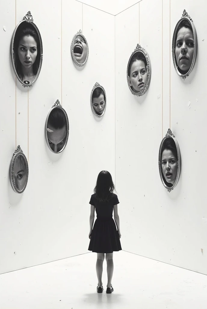 A woman stands before a massive graphite self-portrait, studying the details of her past, solitary but resolute in a vast white space surrounded by artifacts of memories, captured sharply by Hasselblad H6D-100C in black and white, Carl Zeiss lens capturing her strength of spirit lit naturally through high windows. --style raw --stylize 50 --weird 300 --quality 25 --v 6