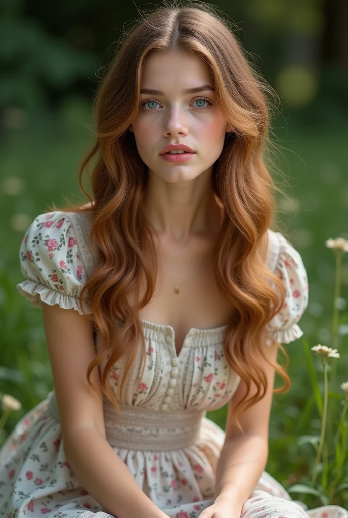 Luma is a e person, she is beautiful And have a strong posture, she has breasts that have a voluminous proportion, a pear feminine silhouette, Auburn hair, long Auburn hair, She has expressive eyes, ( Only eyes olive green) Her skin is fair and she has some light freckles on her cheek bones, busty, Farm, Brown rustic clothes, boho clothes, farm boho fashion clothes, romantic vibes, fire lights, fire sparkles, flowers clothes the hair to be half straight and half with curled ends cartoon