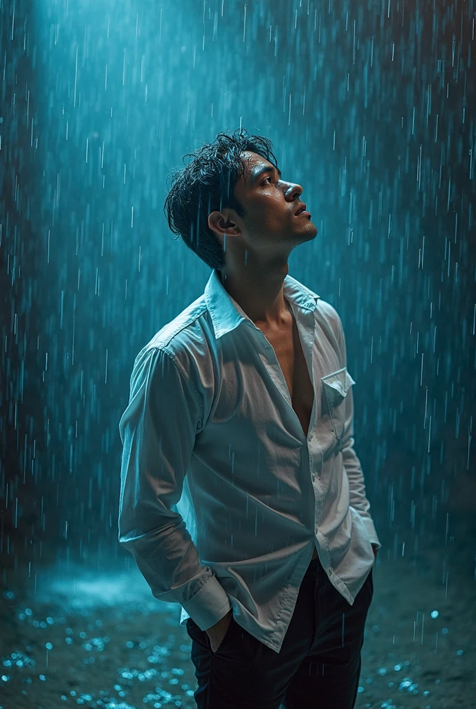 Create a 3D illusion in which a 19 years old boy is the hero, who has killed 4-5 villains due to which his white clothes are completely soaked with blood, and he is holding a cigarette in his mouth with full attitude, and in one hand he is seen lighting a cigarette with a lighter, the boy's face is shining in it, and the other hand is in his pant pocket, and there is light rain. 4k realistic image