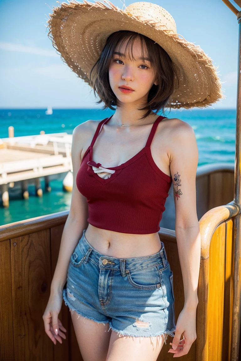 Female luffy, fantasy theme, beautiful, huge eyes, cute, skinny, very small waist, big hip, medium sagging breasts:1.5, realistic breasts,  large sagging breasts, breasts apart, huge areolaes, nipples slipped:1.2, red vest, sleeveless clothes, mini shorts, straw hat, pirate ship, sitting on ledge of boat, legs opened, vagina, soft lighting, ultra details, realistic skin, masterpiece, 4k
