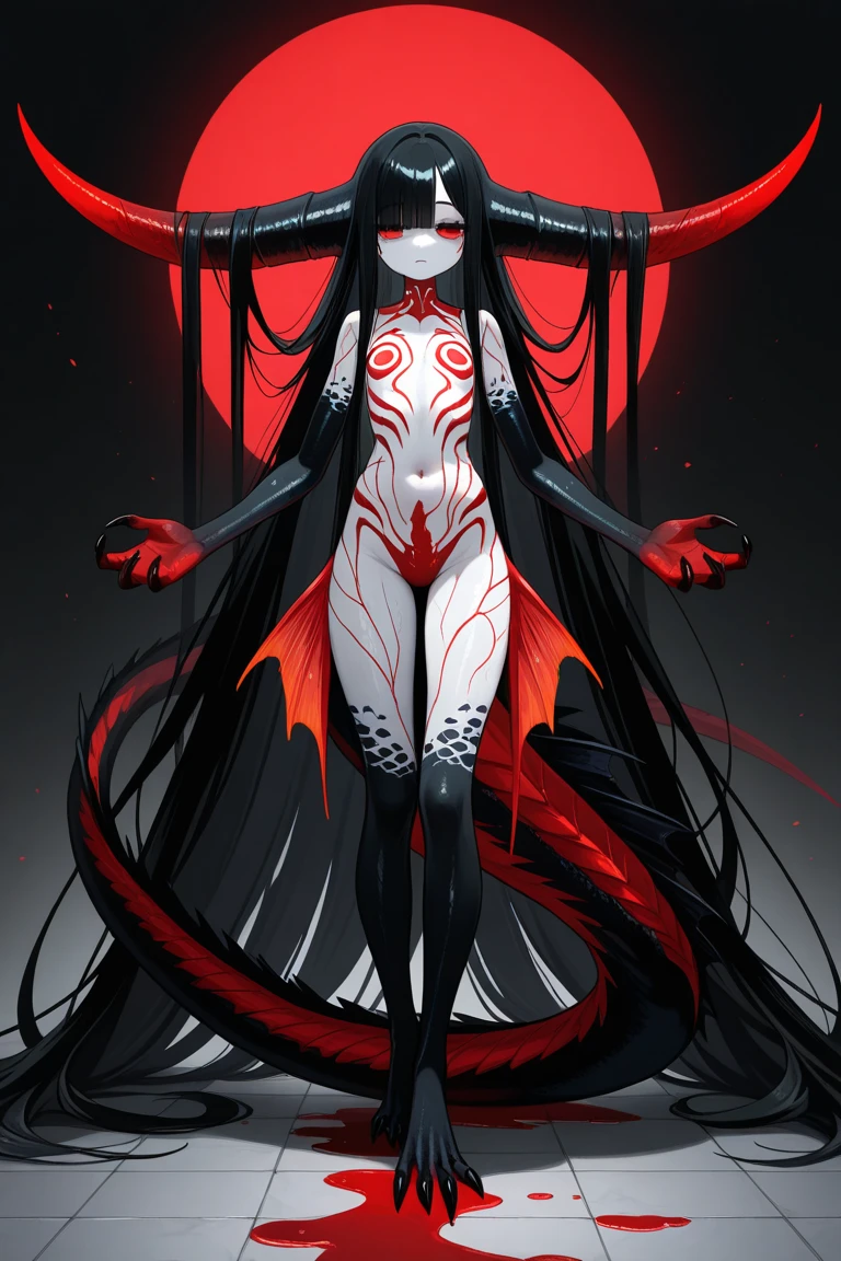 ((dark fantasy art)), beautiful demon girl, ((black glossy skin)), dark black skin, black skin, ((ashy skin)), black skin, dark skin, very long black hair, (short clothing), open belly, piercings, ((lots of tentacles)), lots of mechanical scraps, bright red lighting, highly detailed art, extremely detailed background