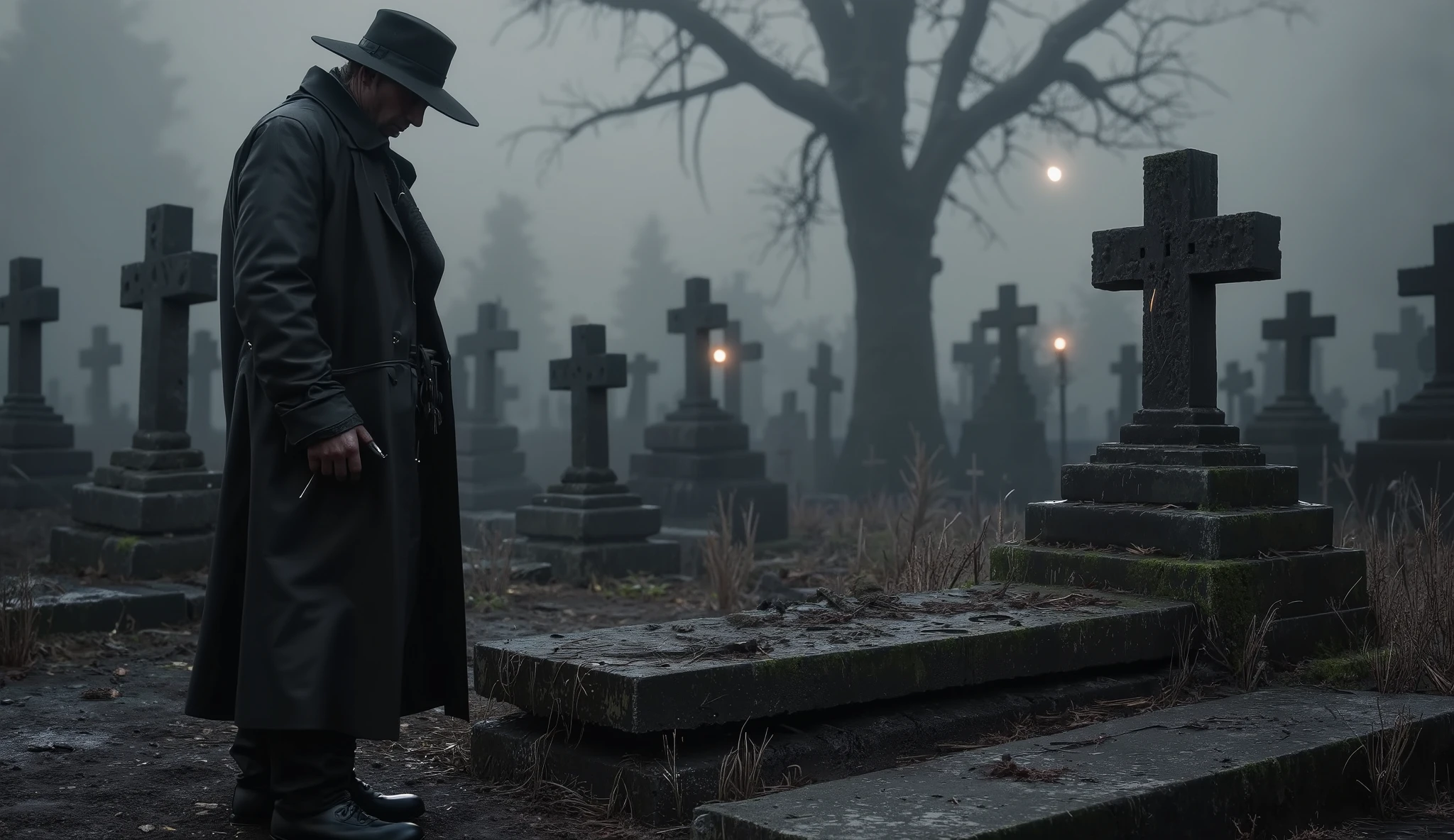 hyper-realistic cinematic scene at night in an old fog-covered cemetery, wide shot from a distance, camera angle from the side. Jack Crowley stands alone, facing an unmarked grave at a slight angle, his silhouette partially obscured by drifting fog. He’s seen in profile — tense posture, head slightly bowed, one hand resting near his belt. His long, dark leather duster coat moves subtly in the cold breeze. A wide-brimmed hat casts shadow across his face, but the faint flicker of an oil lantern nearby outlines his figure in warm contrast against the cold, pale moonlight.

The grave in front of him is cracked, moss-covered, with disturbed soil. Around him, broken crosses and leaning gravestones fade into the mist. Dead trees rise behind the scene like charred fingers. The ground is wet and muddy, reflecting the soft ambient glow. The composition captures isolation, tension, and a man facing something buried deeper than the earth. Depth of field effect with fog softening the background. No characters around. Cinematic lighting, photo-realistic detail, emotionally charged atmosphere, 16:9 format.

Negative Prompt: frontal close-up, cartoon style, smiling, fantasy elements, daylight, modern clothing, plastic skin, AI distortion, overexposed lighting, flat colors

