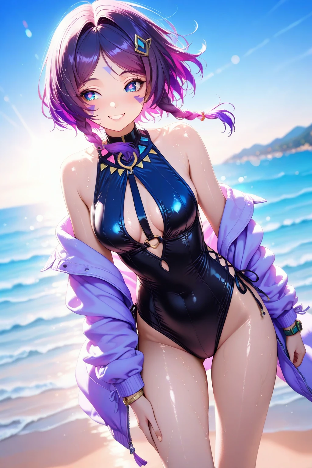 Nami of one piece using a purple glitter dress