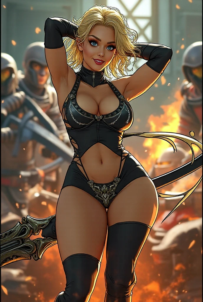 (masterpiece, top quality, best quality, official art, beautiful and aesthetic:1.2), (1girl:1.3), ((long blonde hair)), light freckles, fair skin, extremely detailed, portrait, looking at viewer, solo, (full body:0.6), detailed background, close up, (hot volcanic theme:1.1), fiery mage, charlatan, smirk, mysterious, fiery red hair, flaming hair, flames, casting spells in mountains, skimpy attire, steampunk copper armor, dark red cowl, breastplate, boob armor, crop top, armored crop top, gorget, ((goggles on forehead)), fingerless gloves, loose sleeves, greaves, thigh-high long boots, black skirts, long skirts, tattered skirts, red and black fabric, dark leather, ((((gigantic breasts)))), slim waist, slim hips, long legs, medieval (mountain exterior:1.1) background, dark mysterious lighting, shadows, magical atmosphere, dutch angle,