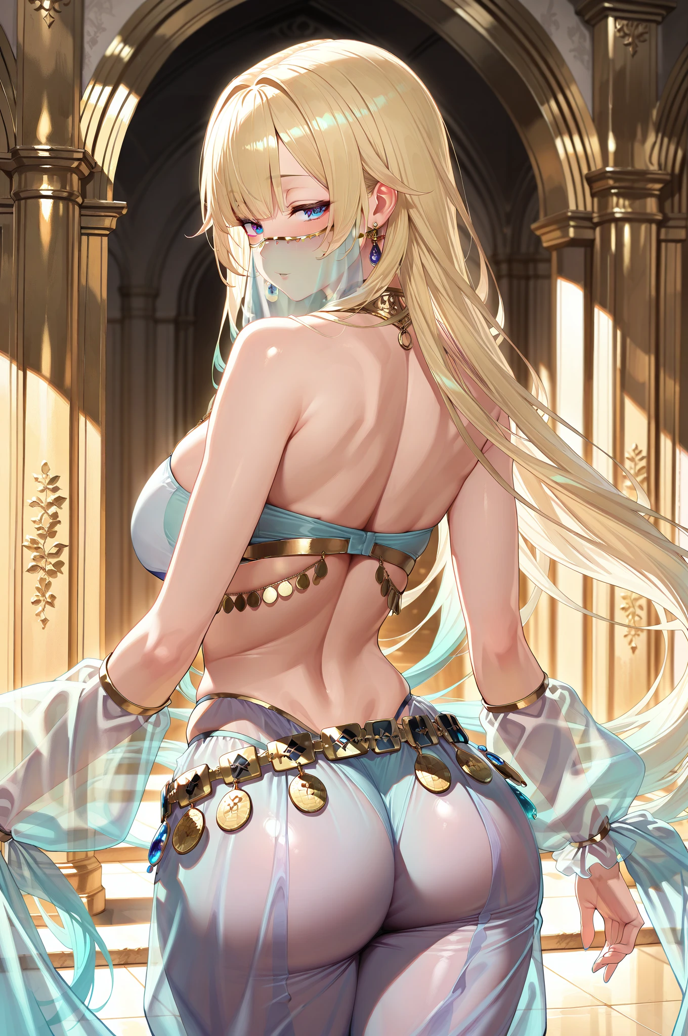 bladenun hairstyle, outfit-bladenun, 1girl, blindfold, breasts, long hair, solo, large breasts, blonde hair, arms up, sitting, very long hair, <lora:outfit-sword_maiden-pynoise:1>