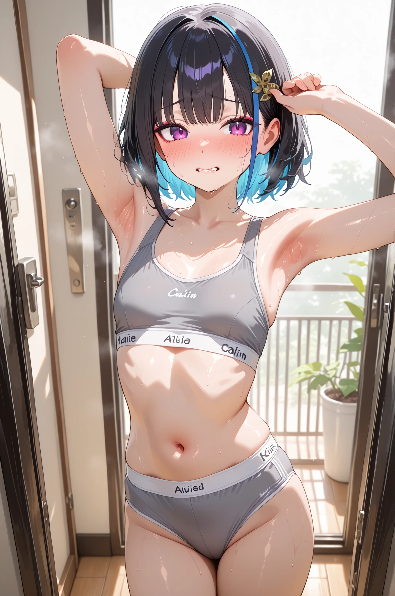 1girl,bangs,独奏,blush,jacket,sitting,just_shoulders,black_hair,breasts,brown_eyes,headphones,shorts,eyebrows_ass visible_through_hair,Blue_hair,short_hair,looking_at_viewer,small_breasts,purple_hair,long_sleeves,thighs,medium_breasts,just_Legs,hair_between_eyes,nail_polish,midriff,navel,indoors,sleeveless,grey_eyes,multicolored_hair,collarbone,stomach,Blue_shorts,open_clothes,parted_lips,desk,microphone,Controller,game_Controller,black_jacket,chair,open_jacket,computers,keyboard_(computers),monitor,mouse_(computers),short_shorts,from_above,off_shoulder,crop_top,blurry,depth_of_field,sports_Good,blurry_background,office_chair,grey_shorts,sleeves_past_wrists,Blue_nails,speaker,armpit_crease,PlayStation_Controller,gaming_chair,on_chair, expensive_solve, clear_image, expensive_Contrast, 8k, Sparkling, beautiful_detailed_face_and_eye, (Brown Hair:1.25), 白 eye,