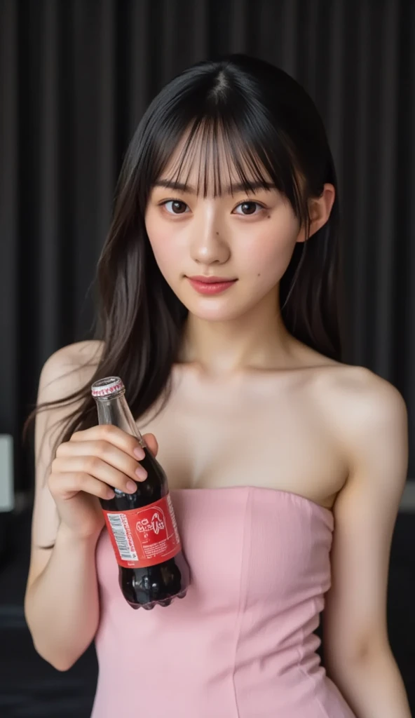 real photos　4K Hi-Res Photos　sexy pink strapless bra top　upper body only　small breasts　26 Year Old Gravure Idol　Black hotel bed　He holds a Coca-Cola bottle in his right hand