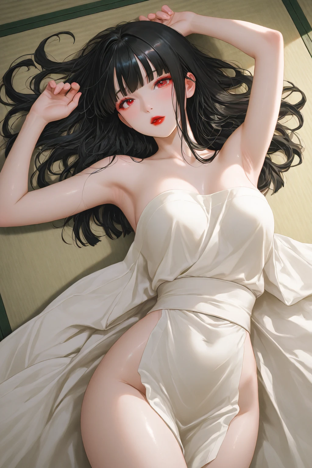 Great bed, There is only one beautiful girl，Purple Eyes, Black Hair, Naturally straight hair, Straight bangs，Extremely refined，open your lips，Face is so red，Very white skin，big eyes，Flowing long hair，beautiful girl, Like a dream，Slim，Soft, (Sensual), (Kawaii), Dream quality，on the street，moonlight，Fallen Leaves，A strong wind blew，Stormy Weather，dress，Reflective skin，naked，Beautiful big breasts，No pants，Delicate clavicle，Delicate hands and feet，Naked Neck，Naked with exposed thighs，Exposing the groin，Camel toe，Naked legs，barefoot，extremely shy，Ultra-high resolution, (masterpiece:1.2, best quality), (Delicate and beautiful eyes: 1.2), (Beautiful and delicate face)
