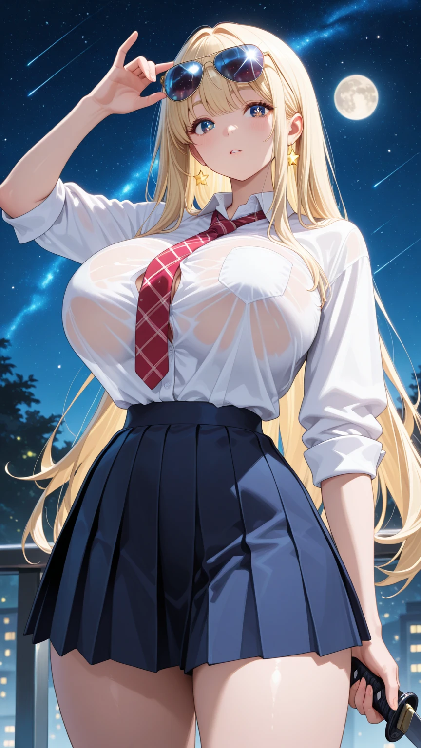 (​masterpiece、top-quality:1.2)、独奏、Delicate、beautiful countenance、a beauty girl、1girl in、Cat's ears、Cat tail、a blond、Blue eyes、The jacket is fluttering、disheveled clothes、Emphasize the valley、Gothloli white shirt、Very big、on breast、a lot of、wide  hips、Black mini skirt、pretty pose、