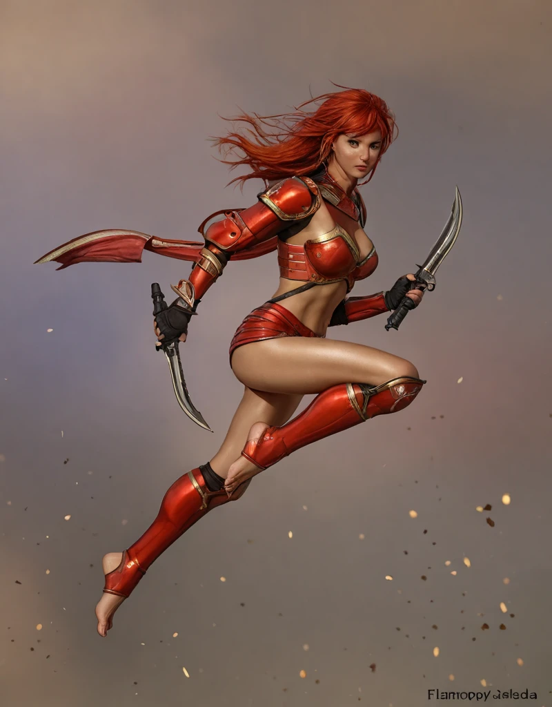 Full body of beautiful and muscular warrior woman in plastic combat pose with a large sword held with two hands, skimpy and ripped medieval warrior clothes hint at beautiful and muscular body, long red hair, some freckles, black leather boots above the knee, dark neutral background