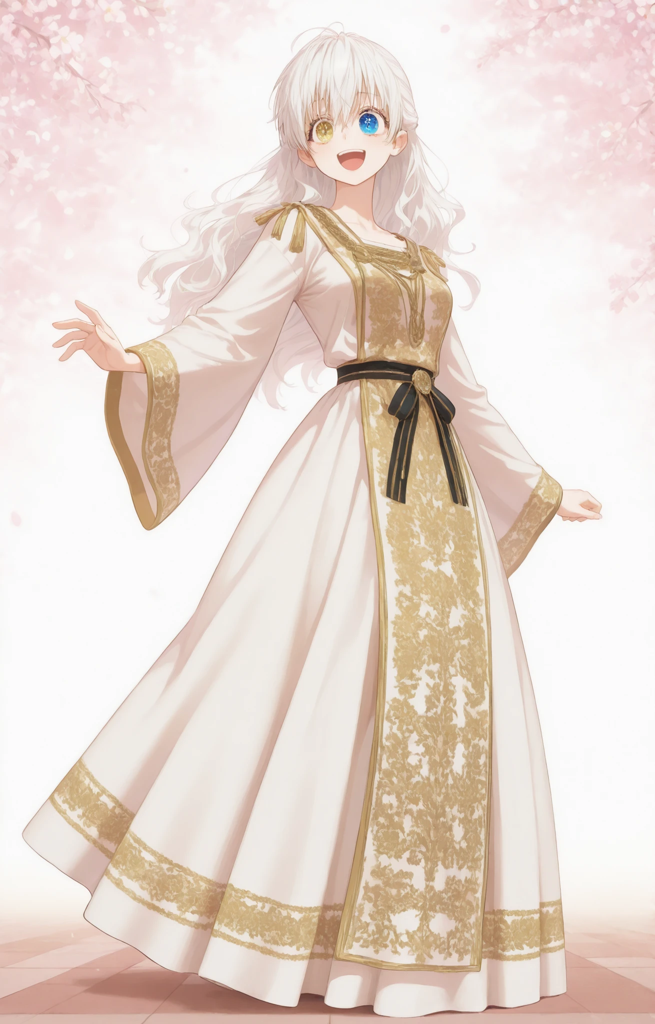 Masterpiece, newest, good quality, safe, good anatomy, , Ultra alta definición, HD. beautiful, anime. long white hair. heterochromia: Sky blue right eye, Gold yellow left eye. happy and excited, dark eyelashes, piel clara, slim build, Medium Breasts Size C. She is 18 years old, measures 1'66 cm. looking at the spectator, Alone, Spring background. wearing clothes: Floor-length kaftan, wide sleeves with elaborate embroidery, waist marked with jeweled sash, superimposed layers of vaporous fabric.
