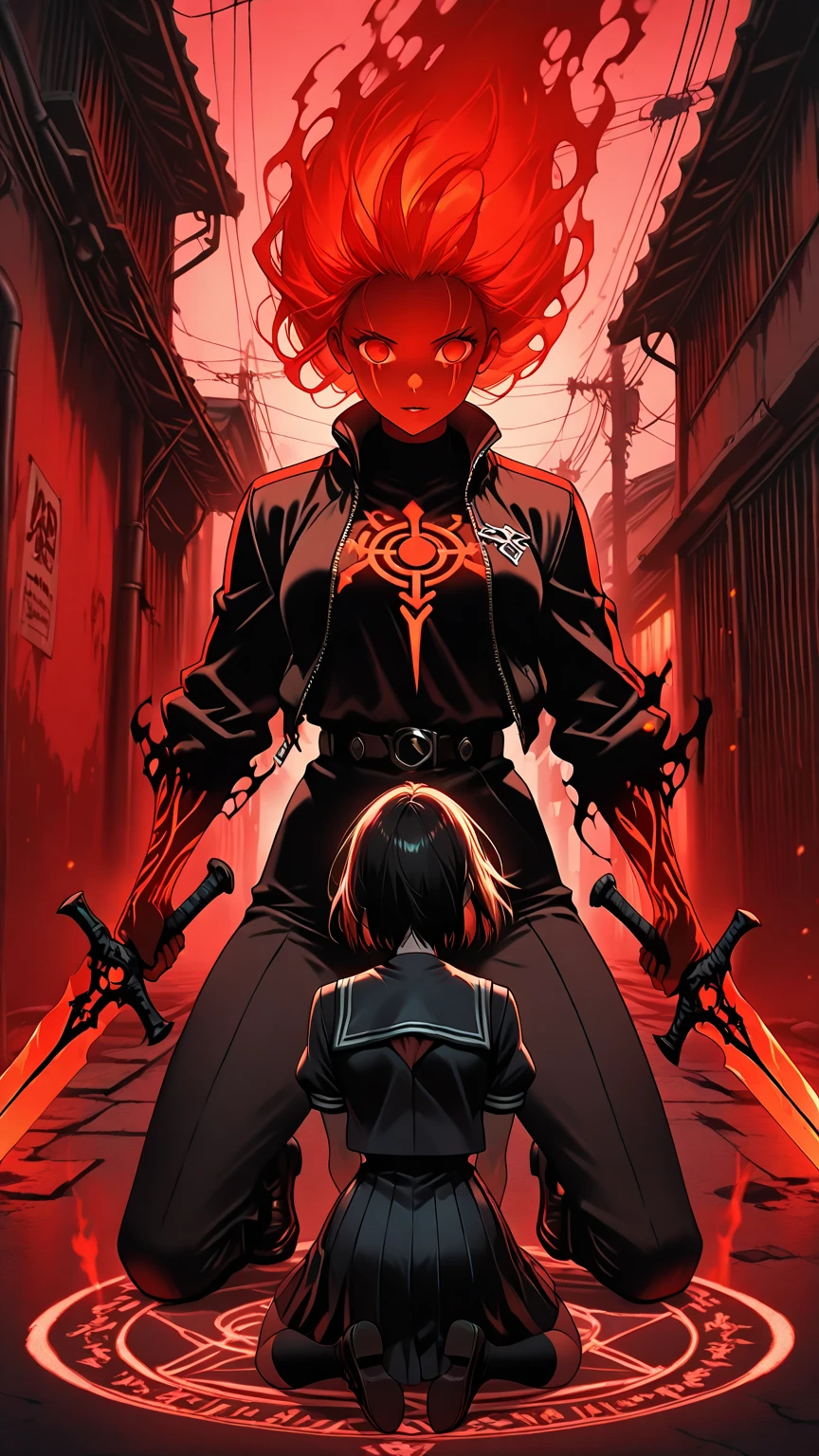 urban horror anime, high school girl kneeling in a shadowy alley, carving a summoning circle with her blade, glowing arcane symbols on her uniform, faint ghost-like demons emerging from the walls, red ambient lighting, mid shot, haunting mood