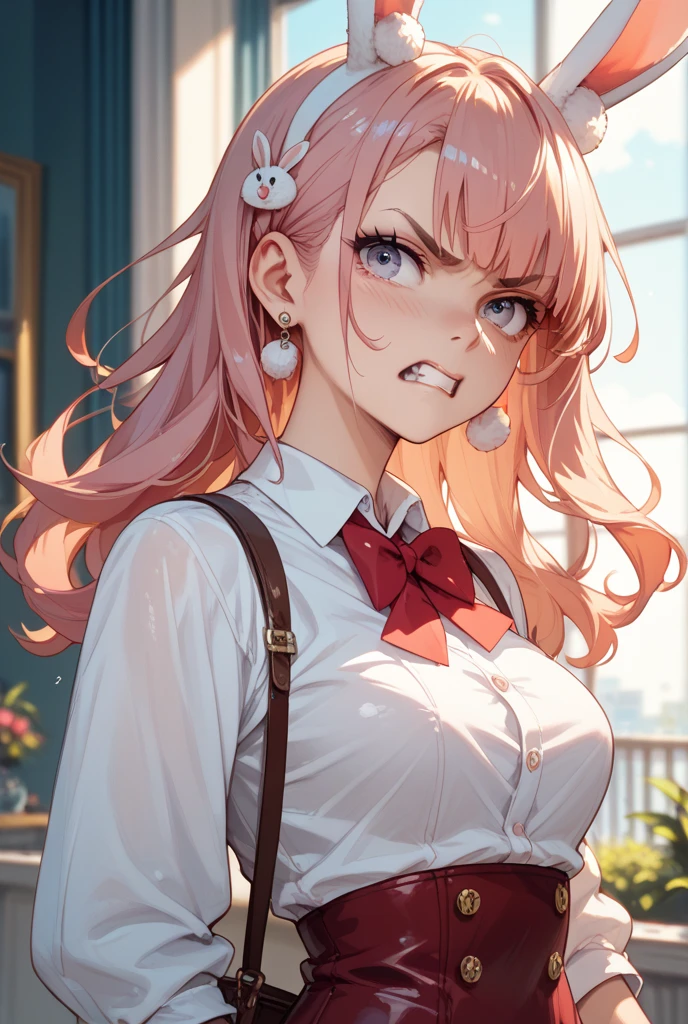 The image is of a beautiful woman wearing a tight fitting black button-up shirt with a short pleated black and white skirt. The school outfit is black with white accents. The woman has long flowing pink hair with strands of braided hair tied with red ribbon throughout. She has gorgeous green eyes that shine like emeralds. Her face is youthful and gorgeous. Her breasts are ample and seem too large for her tight fitting black uniform top. She is short in height but well developed -a short stack. She blushes as you look at her. She's standing in the doorframe to your bedroom. Slightly embarrassed and nervous but also excited to be with you. The image is ultra detailed with gorgeous colors, perfect line work, and detailed shading.