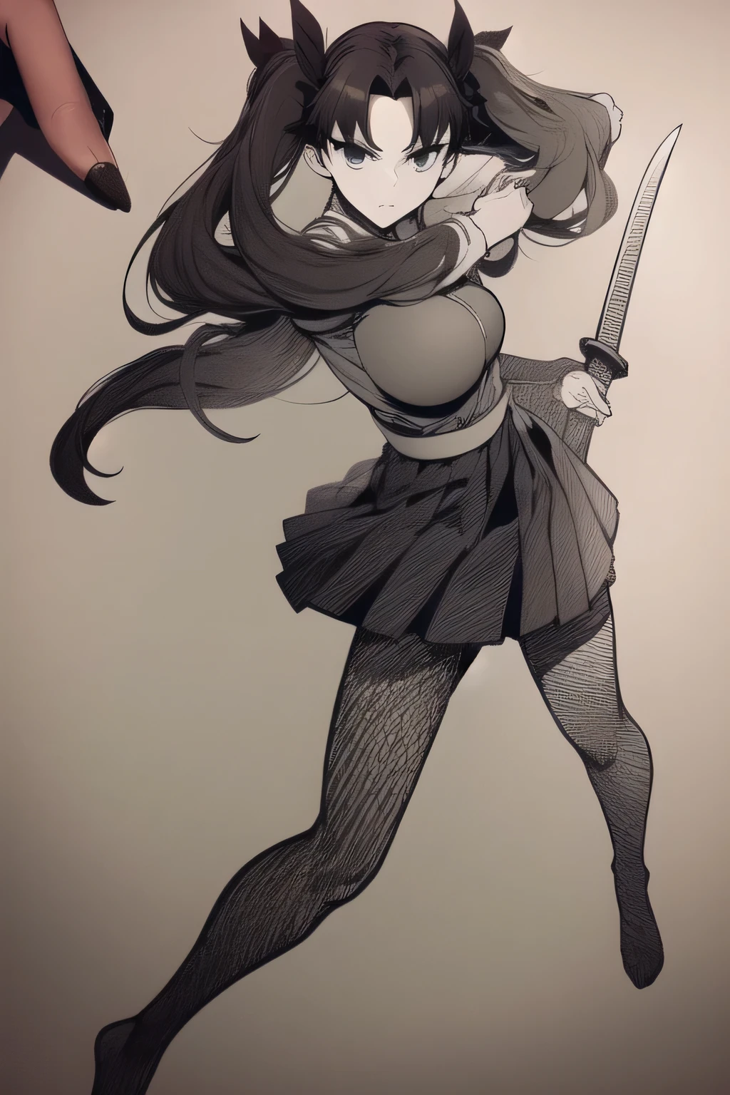 dark-haired woman with twin tails    ， ，is wearing a high school uniform、can you accurately draw the details of a Japanese sword with a long blade ，（（（facial expression is a top priority, so don't trim）））,，I am alone ，，Can you draw the details of a long sword accurately，A woman fighting with a Japanese sword   ，can you accurately draw details of a person's hands and feet、sunny day、Outdoors,The enemy is hiding    ,（Let's draw a more delicate expression）, ,   big breasts, thin waist ， ,   ，Can you draw the details of a long sword accurately,The length of a Japanese sword handle is about 30 cm，The length of a Japanese sword blade is about 1 cmｍ，Please draw the details of human hands and legs accurately，