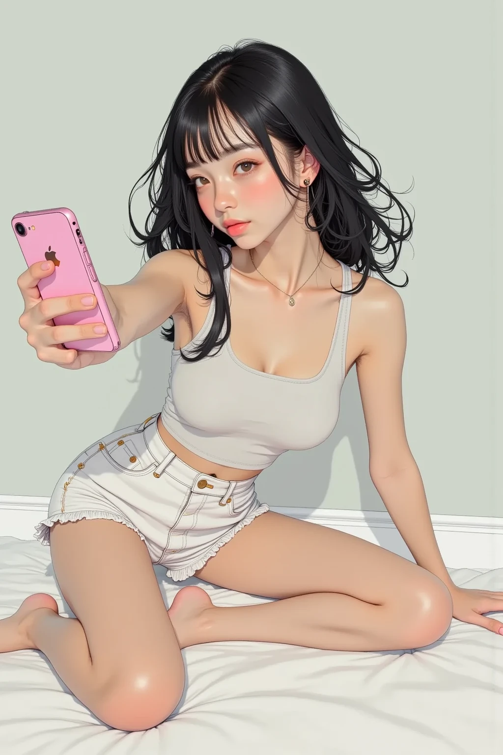 arafed anime woman taking a selfie in a bikini with a phone, bralette, instagram model, metal bikini, 18 years old, 21 years old, tiny bikini, inked, 2 2 years old, sling bikini, topless, 2 4 year old female model, portrait sophie mudd, tattooed, low cut top, very tight small push up bra, anime style