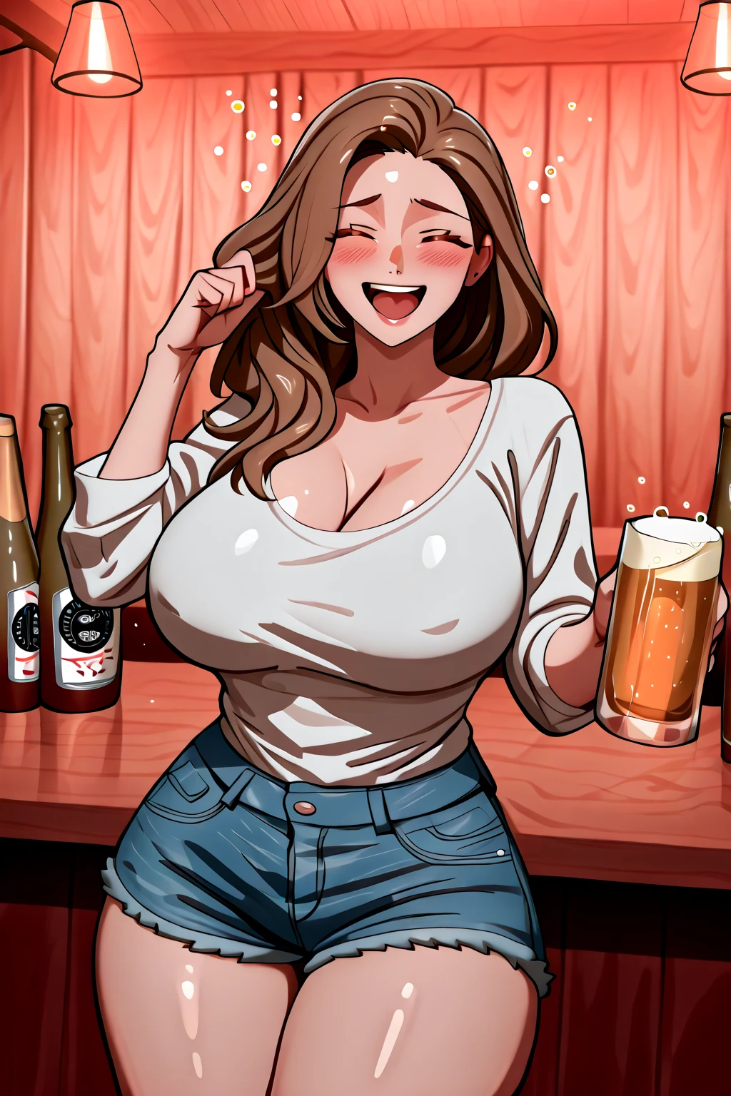 2heads, a skinny woman with two heads. She has enormous breasts. She is dancing in a bar. She is sipping a drink. She is laughing. She looks drunk. She is flirty. She is wearing a button-up pink blouse and jeans. Massive breasts. She looks mature. She is extremely tall. She has huge perky breasts. She has long straight brown hair. Kissy face. Kissing, making out. Kissing to side.
