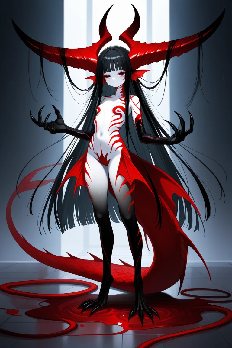 girl, Red hair, twin tails, glowing red eyes, slender frame, demon, furry tail, digitigrade legs, on kneeposed rib cage), (protruding hip bones), anus,