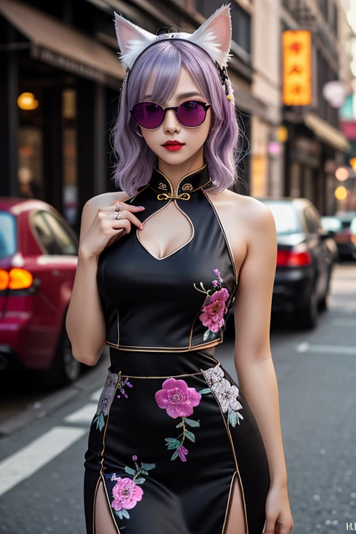 (masterpiece:1.4), (best quality:1.4), ultra high res, ultra high resolution, ((detailed facial features)), HDR, (realistic, photorealistic, photo-realistic:1.37), full body Esbian, sexy Vietnamese model, (-anime), vivid colors, ((vivid colors multicolor (red, fuchsia) very short hair)), (happy smile), lip-gloss, long lashes, ultra detailed metallic makeup, defined eyebrows, wearing large sparkling colorful jewelery, wearing a red silk Paradise Kiss cosplay dress with black floral embroidery, ((vivid colors outfit)), vivid colors, look at the camera, cinematic light, large park background with trees, sweet and sexy pose