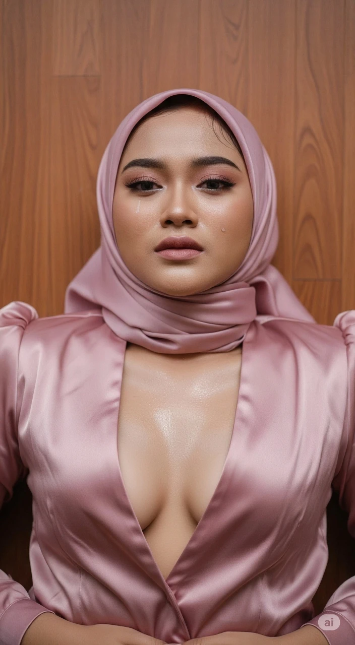 ((HIJAB)), ((Chubby:1.2)), ((Metured:1.6)), head to thigh portrait photography of a mature 45 years old malay women wearing hijab and naked, side lighting, shocked face , very wet face, front view, eye contact, ((wearing strapless satin))