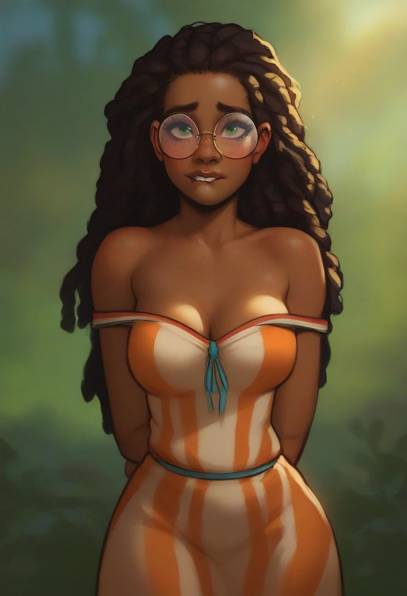 naked beautiful dark-skinned girl, detailed facial features, beautiful large breasts, long flowing hair, charming facial expression, elegant pose, magical fantasy forest background, warm soft lighting, complex detailed painting, high detail, 8k, photorealistic, spectacular lighting, cinematic composition, bright colors, fabulous atmosphere.