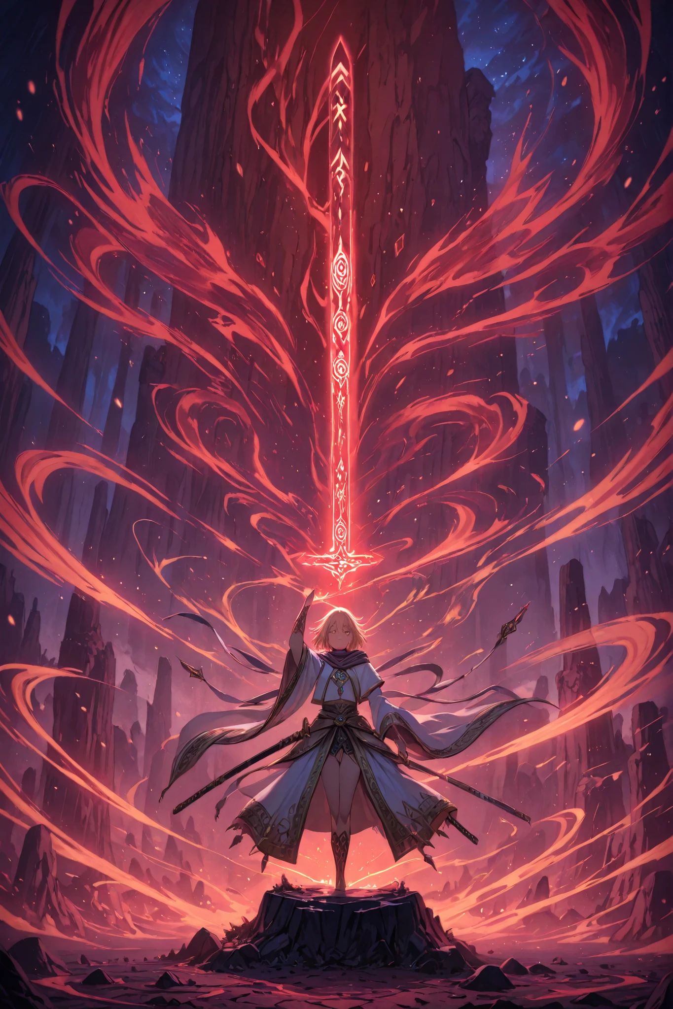 A mysterious swordsman from the legendary Order of Odashi stands atop a fog-covered cliff, wearing ceremonial robes adorned with ancient symbols and flowing fabrics that dance in the wind. He wields a black-bladed katana etched with glowing runes, forged with long-forgotten techniques. His gaze is calm but intense, carrying the weight of many epic battles. In the distance, a hidden temple rests among misty mountains and blooming cherry trees. The scene radiates mysticism, honor, and power — the warrior appears to be the last guardian of a long-lost secret.