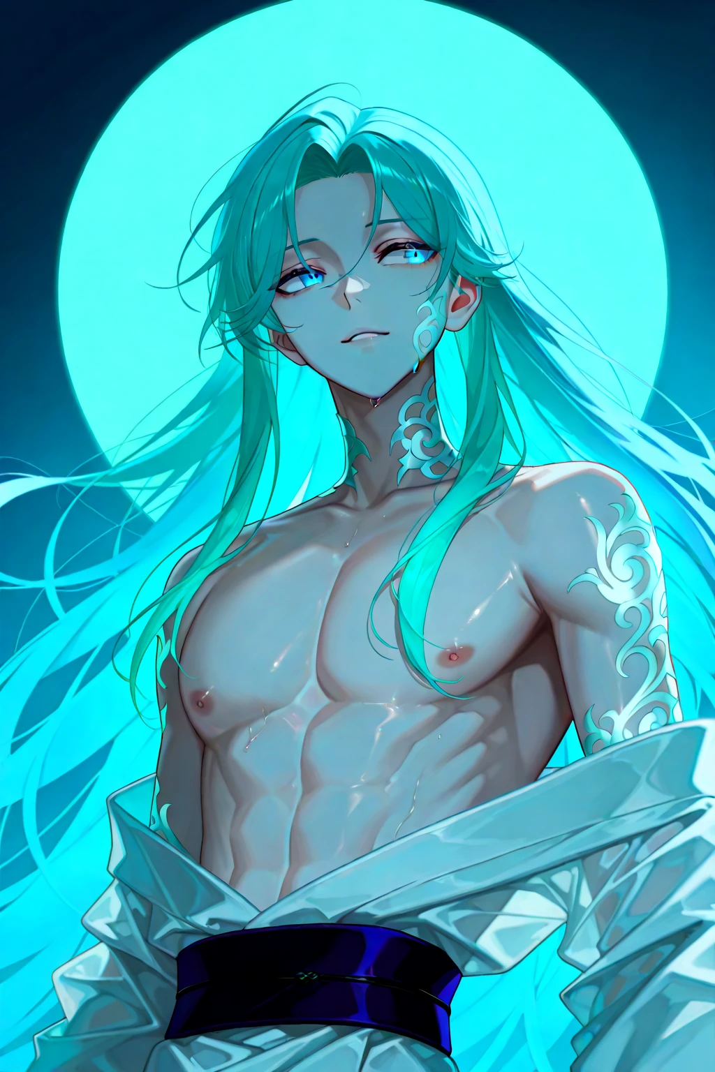1boy, long hair, open forehead, dark green hair, long straight hair, yellow eyes, earrings,, thin body, pale skin,, yaoi boy, after, languid look, slight smile, cosmetics, long eyelashes, adults, head tilt, in full growth
