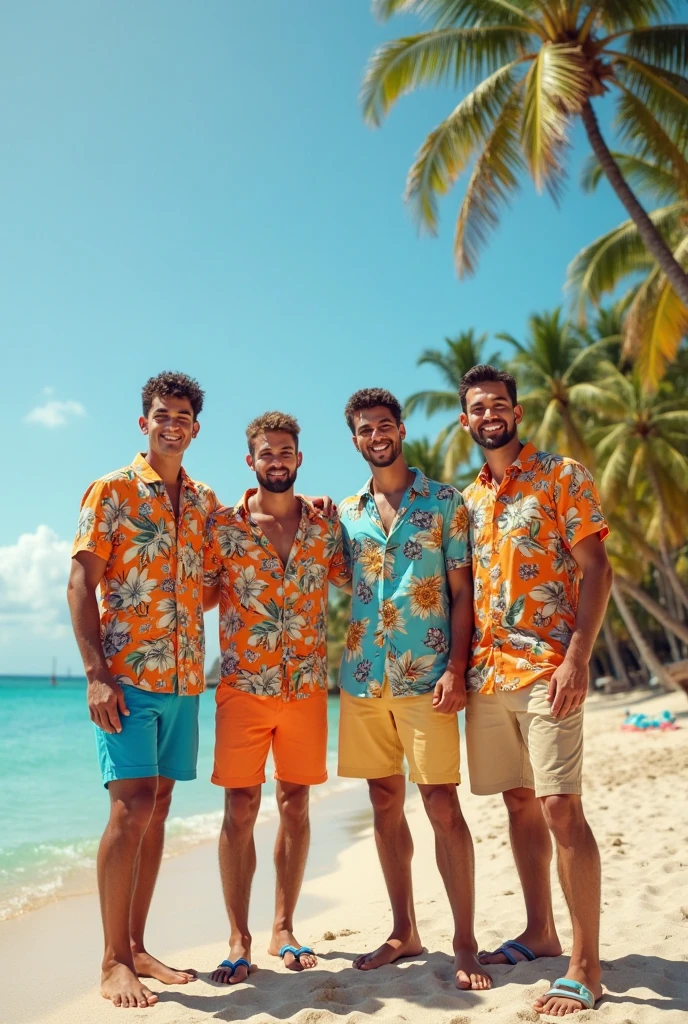 Two young cute handsome slim tall white men together on the beach with swimsuit and coconut in their hand