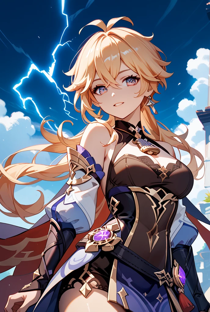 masterpiece、Highest quality、Ultra-high resolution、Maximum resolution、Very detailed、Professional Lighting、anime、Adult female、thin、so beautiful、Beautiful Eyes、close your eyes、Beautiful Face、long blond、Feather hair ornament、Blue breastplate、White mini skirt、Red panties、Red high heel boots、White long gloves、Red Cape、Dynamic fighting pose、smile
