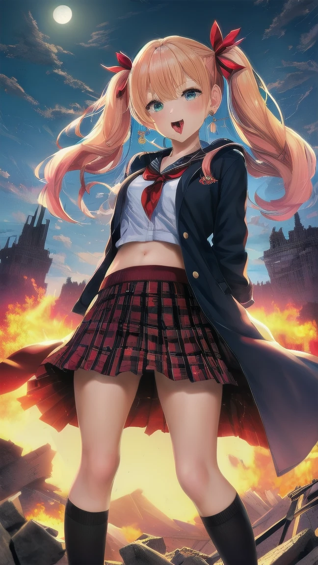 The image is of a beautiful woman wearing a tight fitting uniform. The woman has long flowing pink hair with strands of braided hair tied with red ribbon throughout. She has gorgeous green eyes that shine like emeralds. Her face is youthful and gorgeous. Her breasts are ample and seem too large for her uniform. She is short in height but well developed -a short stack. She blushes as you look at her. She's standing in an autumnal forest. In the distance is a serene body of water. It's night time and a full moon lights the scene. A gentle breeze suspends fallen autumn leaves around her. The wind lifts up her skirt revealing her blue and white striped panties. The image is ultra detailed with gorgeous colors, perfect line work, and detailed shading. The image really portrays the sexiness of the character. YasogamiFemaleWinter, black shirt, long sleeves, black sailor collar, yellow neckerchief, grey skirt, black thighhighs, autumn, serene water, lifted skirt, panty reveal, night time, gentle breeze,