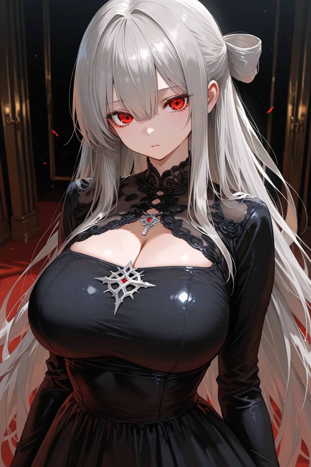 Masterpiece, best quality, beautiful girl, beautiful face, night, moonlit night, castle, vampire, silver hair, red eyes, black dress, big breasts, cleavage, sexy,