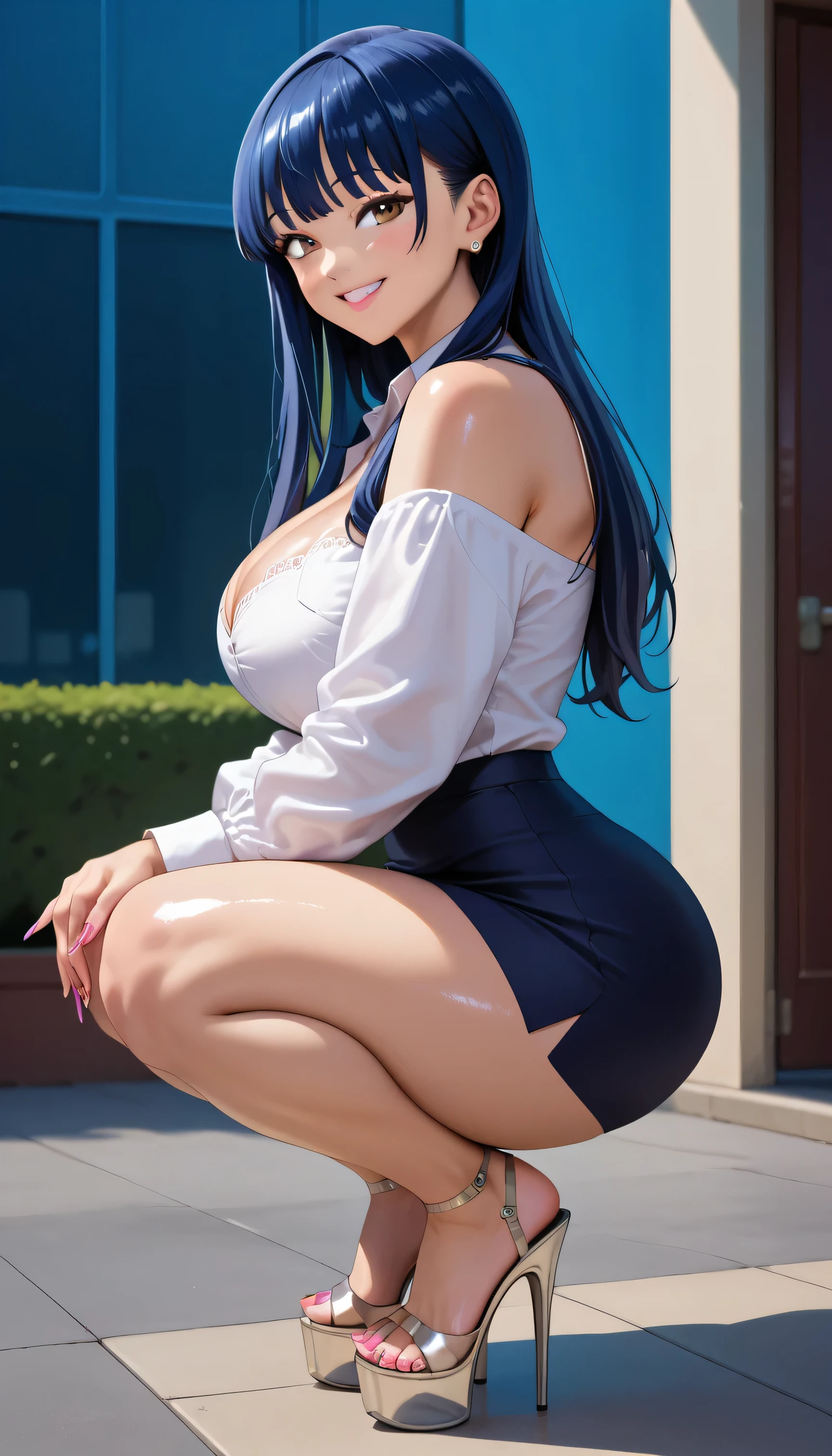 ((mesa, Mejor calidad, high resolution, nffsw, pixel perfect, 4k, nffsw, nffsw))), 1 chica en, soltero, Solo, belleza、cuerpo completo visto, ((pelo de onda media, golpes, By the chestnut)), ((De ojos marrones, Beautiful eyelashes, Ojos realistas)), ((cara detallada, Rubor:1.2)), ((Textura suave:0.75, textura realista:0.65, fotorrealista:1.1, estilo anime cg)), pechos grandes y llenos, dynamic angle, Cuerpo perfecto, ((Made in English, diadema de mucama con volantes blancos, blusa con volantes, Lazos de cinta, delantal, Mini falda azul oscuro, calcetines de seda, tacones altos)), escalera de la ciudad, Mirando hacia arriba desde el pie de las escaleras., muy embarazoso, panic smile, volteado, bending forward, ((The wind blew up my skirt and exposed my butt...................., looking back, Tocarse las nalgas con ambas manos, bragas de encaje de seda, muslos brillantes)),
