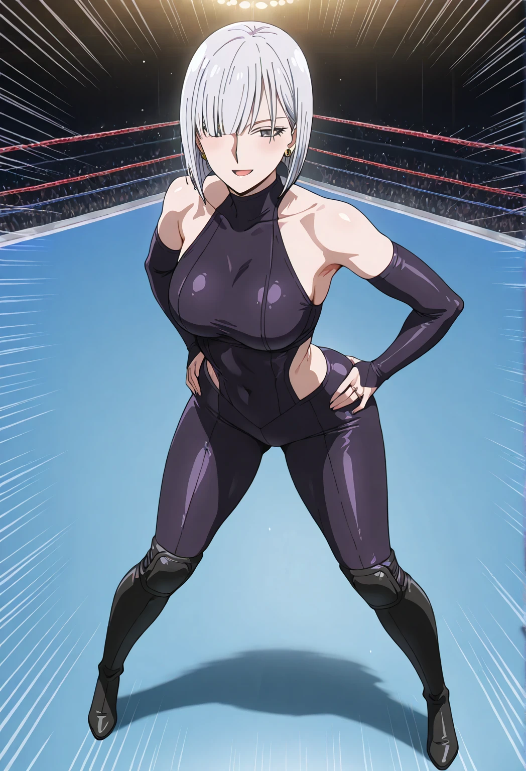 White hair,crawl,kneel,(leash) in tight purple dolphin shorts and a purple sports bra