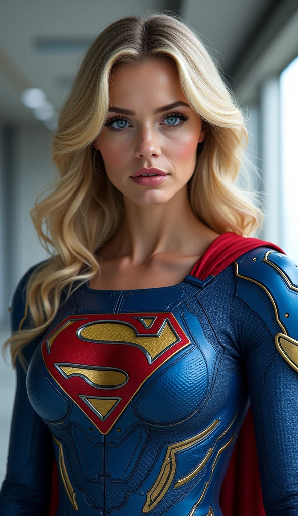 a beautiful woman, realistic model, fair skin, blonde hair, blue eyes, long hair, blue and red costume, supergirl, pretentious smile, urban city, office, detailed face, detailed eyes, detailed lips, detailed figure, highly detailed, photorealistic, superb quality, 8k, dramatic lighting, cinematic, intricate details, vivid colors, dynamic pose