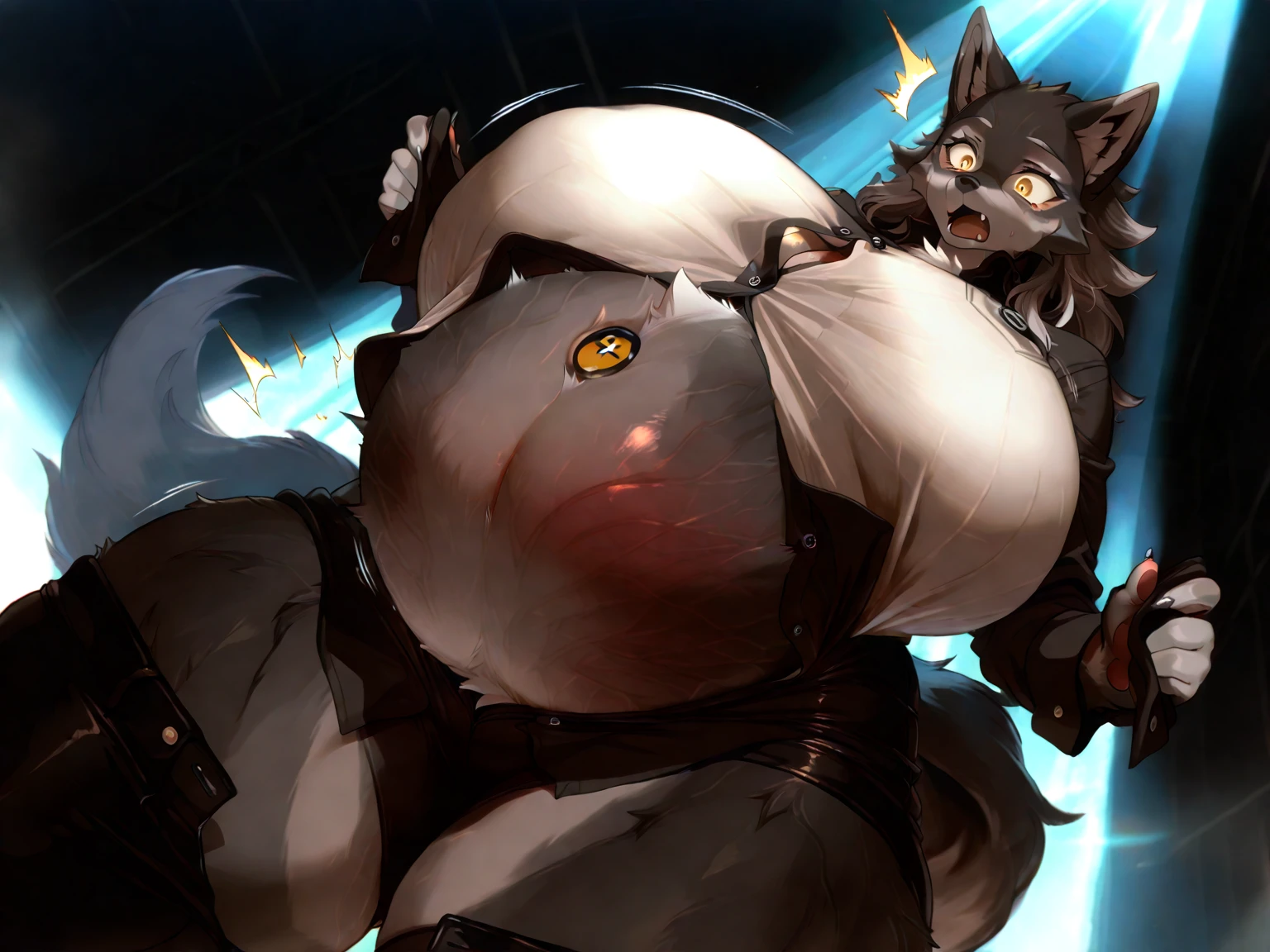 Highest quality, Highest quality, High quality illustrations, masterpiece, Ultra-high resolution, Detailed Background, night, Absurd, Perfect Anatomy, Good lighting, Shadows in the movies(kemono, Furry PersonifiCation), Jackalope, lagomorph, grey body, grey fur, grey hair, short hair, golden antlers, antlers made out of gold, feline tail, NSFW, pussy, crouching, low angle view, worm's eye view, first person view, viewer giving cunnilingus, cunnilingus POV, Stick your butt out, Pay attention to the butt, looking back at viewer, smug smile, horny grin, tongue out, licking lips, dominating, dominatrix, dominant female, naked, legwear, greaves, thigh armor, golden greaves, thigh armor made out of gold