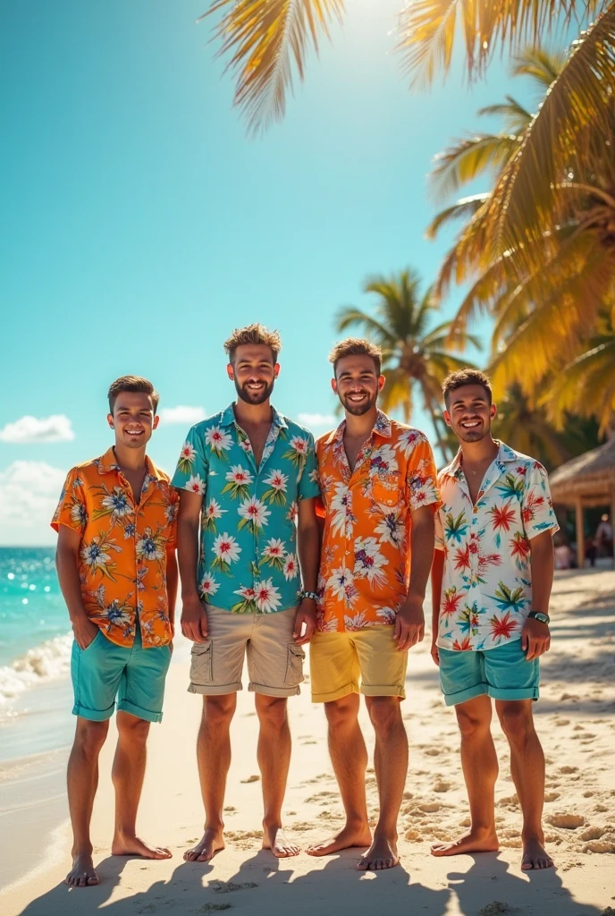Two young cute handsome slim tall white men together on the beach with swimsuit and coconut in their hand