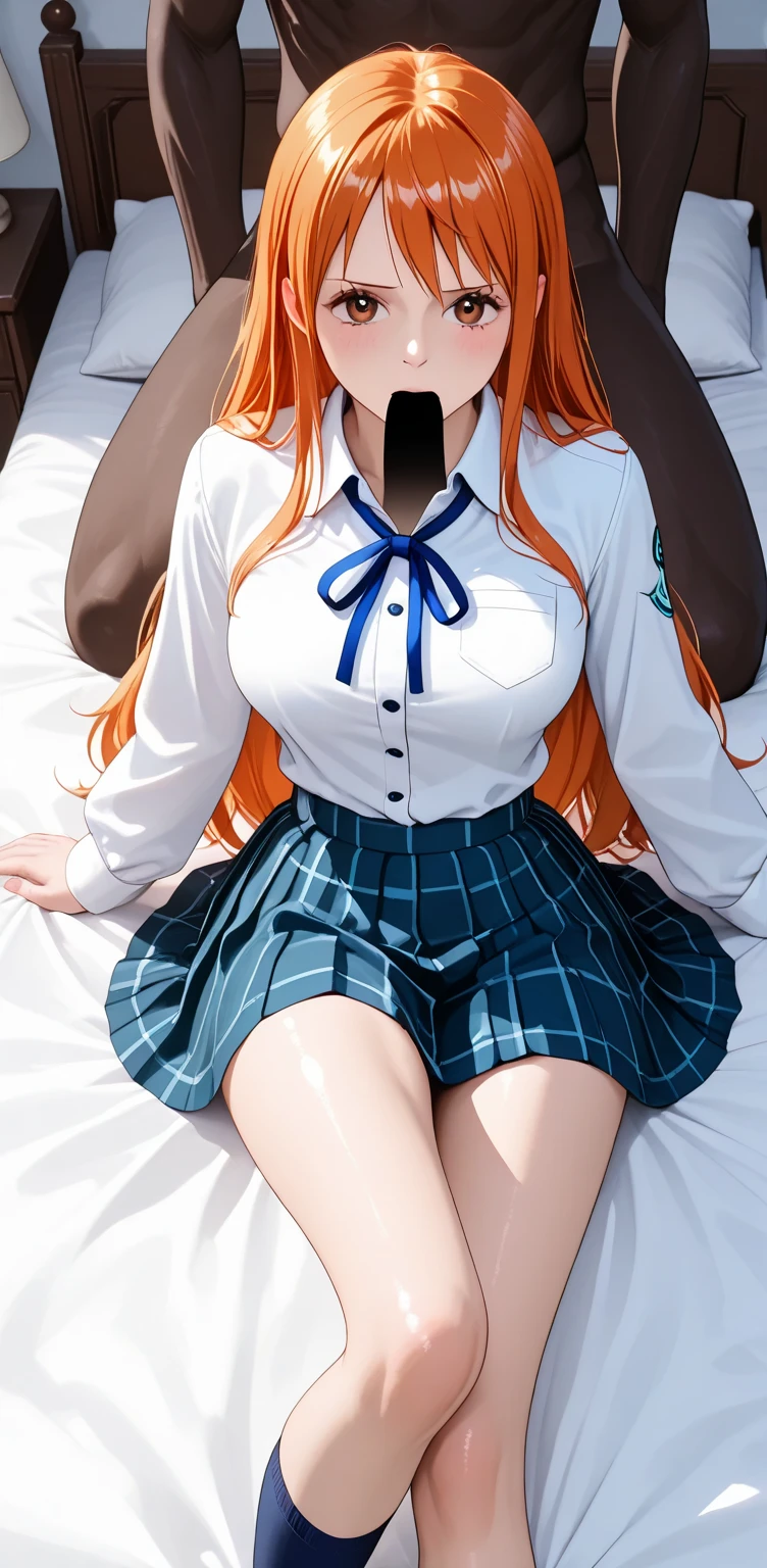 POV Fuselage Grab, ((SEX)), Lying, 1girl in, moaning, (is crying), (Spread legs), 双臂在头后,(((penis: into pussy: blood stained))), ((wearing Sailor suit;1.7))、(orange  hair), (braided ponytail), (straight hair), (forehead), (ribbon head), (light green  eyes), (large full breasts:1.3),(thighs thighs thighs thighs:1.1), Large breasts, (round breast),