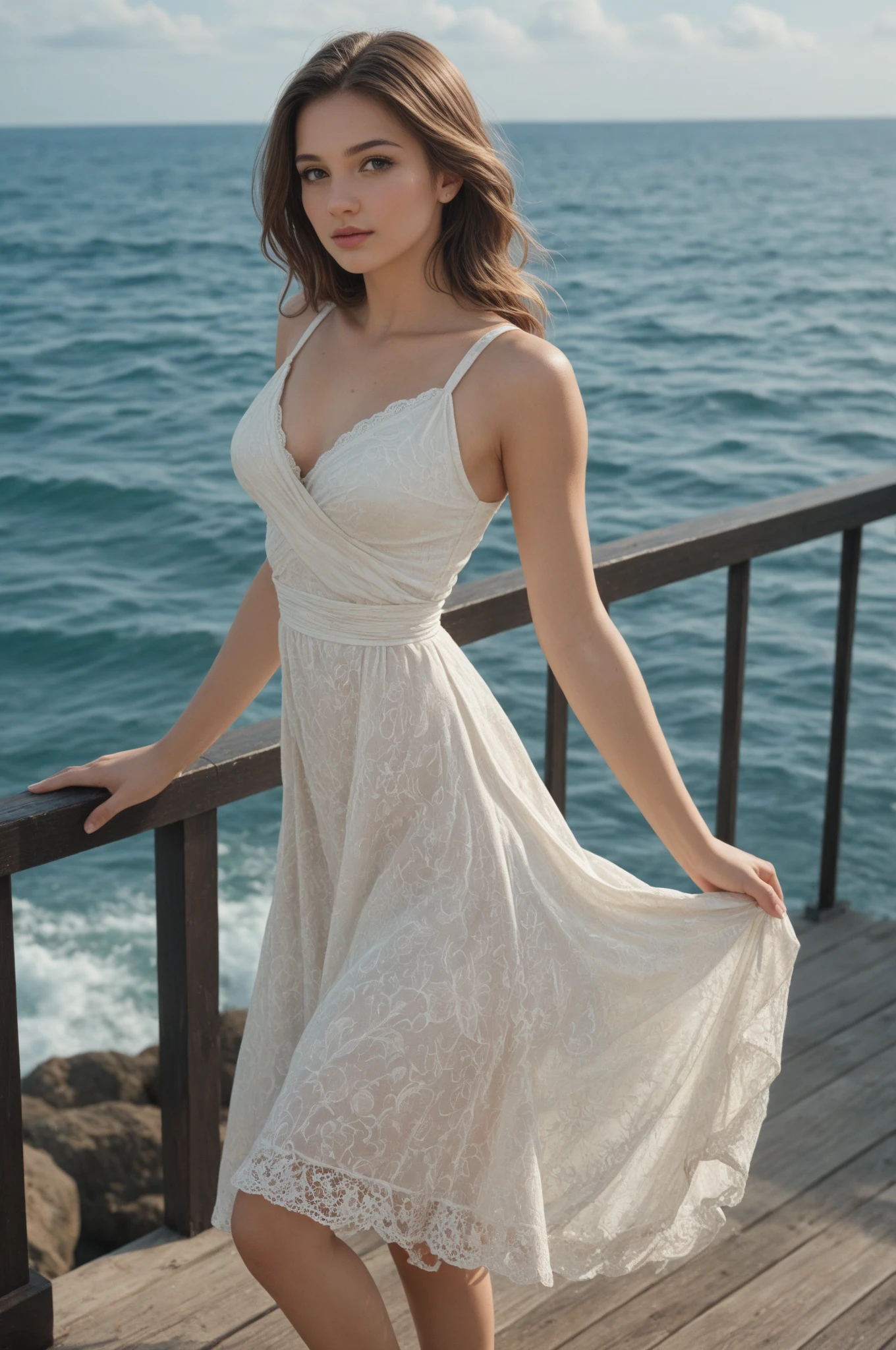 Instagram ad photo of a teenage girl model wearing a red bun and cowboy hat. wearing a sleeveless white lace dress bohemian skirt Walking on the beach, attractive, bizarre, glamorous, intricate clothing details., hot, gorgeous, full body , perfect light perfect composition Beauty Award winning masterpiece Artstation 8 k Artgerm Mucha Dim Volumetric lighting Octane 18 k Beautiful detail rendering. post processing, portrait, exaggerated detail, complex, grand composition, cinematic lighting, masterpiece, trending art station, high detail, masterpiece, beautiful, 18k , HDR, smooth, sharp focus, high resolution