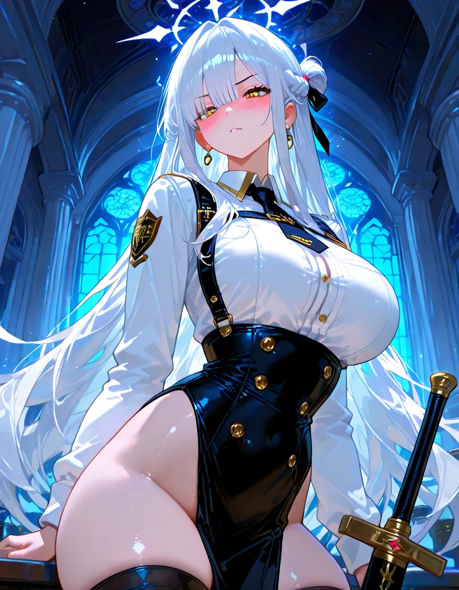solo, (masterpiece), (beautify), (alone), (young adult), ((white hair)), medium hair, tiara, (blue eyes), smile, black clothes, bare midriff, bare stomach, black dress, cleft of venus, (huge breasts), underboob, detached sleeves, blue aura