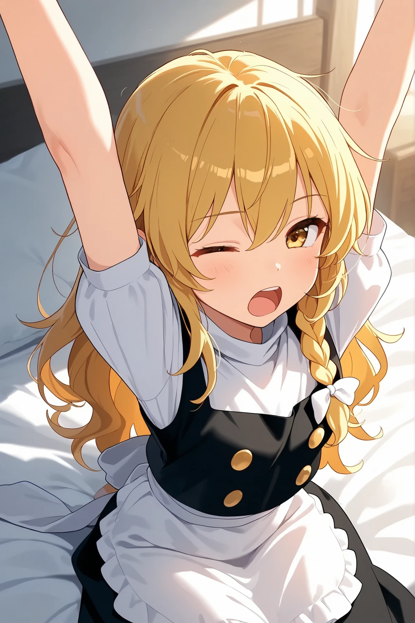 (Quality, 4k, A High Resolution, Masterpiece), Marisa Kirisame, smile, blonde hair, long hair, side braid, golden eyes, sit on bed, lazily stretching, arms extended upwards, sleepy, yawning
