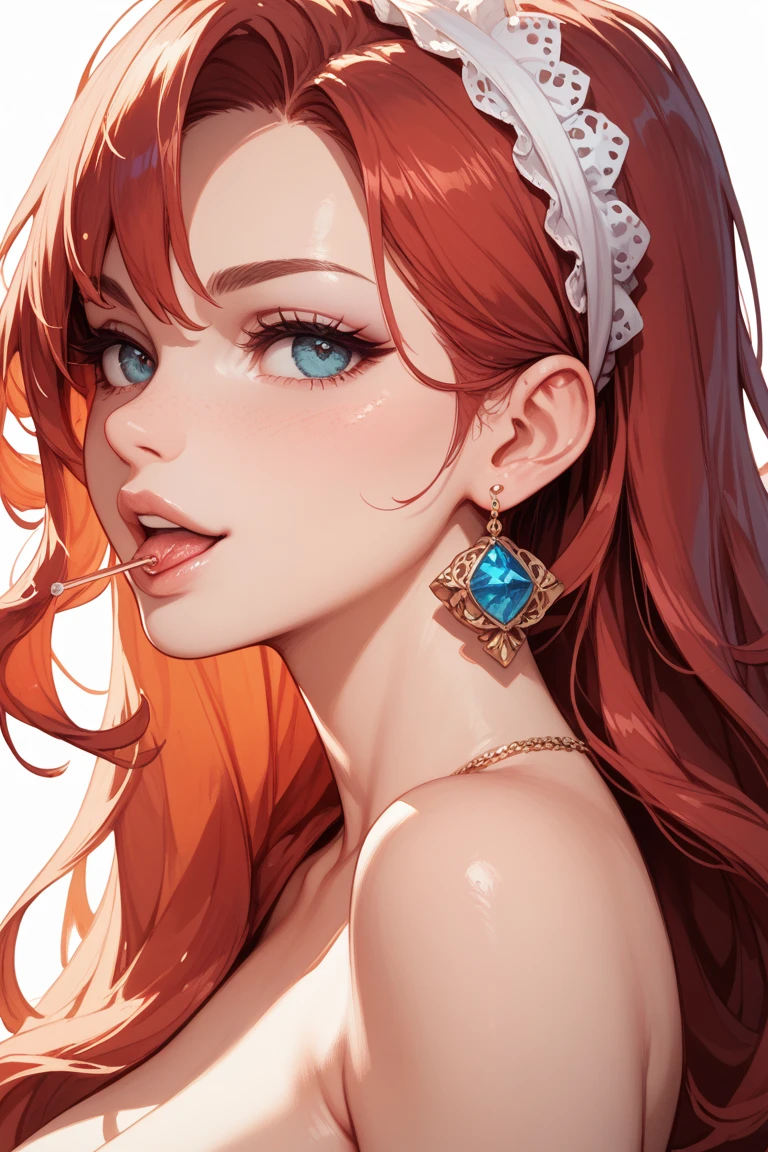 a stylized art of a woman in a pretty dress with red hair, 1girl, solo, jewelry, earrings, blue eyes, looking at viewer, mole, black background, red hair