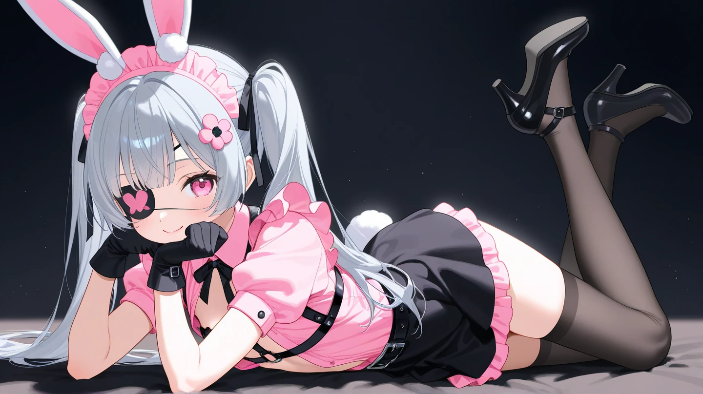 girl, wearing white one eyepatch, short white hair in two pigtails, with bunny ear accessories, Wearing a short white dress with a Beanie, red eyes, Holding a stuffed bunny, full body, zoom out