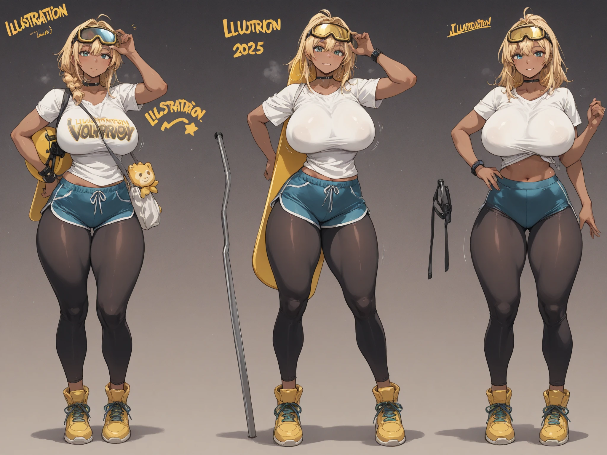 ((character concept art)), ((character design sheet, same character)),(full body view), young adult girl, Tall stature, little chest, closed mouth, Slavic appearance: Green eyes; blond hair; sharp facial features; dimple on the chin; Straight nose; high nose; pronounced high cheekbones; high forehead, stands upright, (gigantic breasts:1.4), detailed face, gym bodysuit.