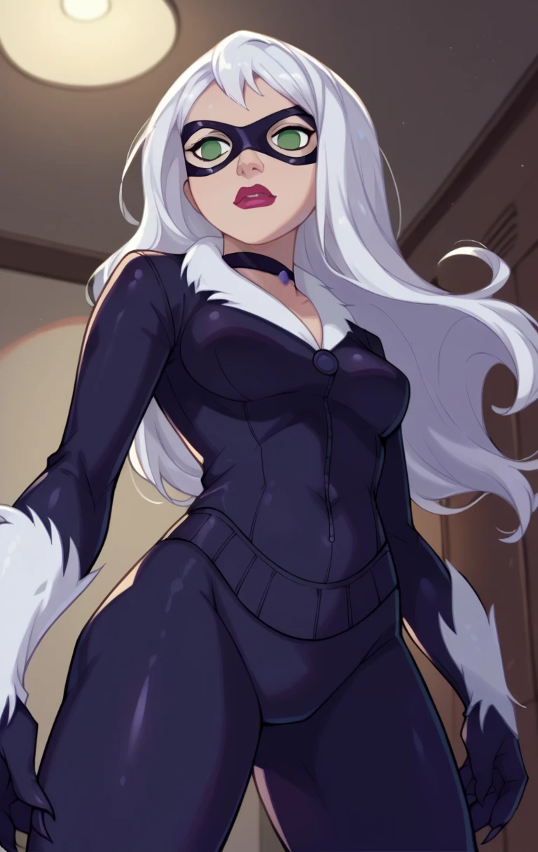 traight-on,upper body,looking at viewer, (She has a confident expression, A sarcastic smile), BREAK, CARTOON_felicia_blackcat, long hair,white hair,lipstick,blue eyes,makeup,lips,large breasts,collarbone,red lips,claws,very long hair, mask,bodysuit,domino mask,gloves,choker,white gloves,collar,superhero,black bodysuit,fur trim,cleavage,skin tight,zipper,spiked collar,unzipped,jewelry,black choker,latex,shiny,center opening, BREAK, official art,extremely detailed CG unity 8k wallpaper, perfect lighting,Colorful, Bright_Front_face_Lighting,shiny skin, (masterpiece:1.0),(best_quality:1.0), ultra high res,4K,ultra-detailed, photography, 8K, HDR, highres, (absurdres:1.2), Kodak portra 400, film grain, blurry background, (bokeh:1.2), lens flare, (vibrant_color:1.2),professional photograph, (beautiful_face:1.5), Protruding Breasts, Torpedo boobs, ripped muscles, athletic physique, curvy athletic body, wide hips, White long hair, full body, full body portrait