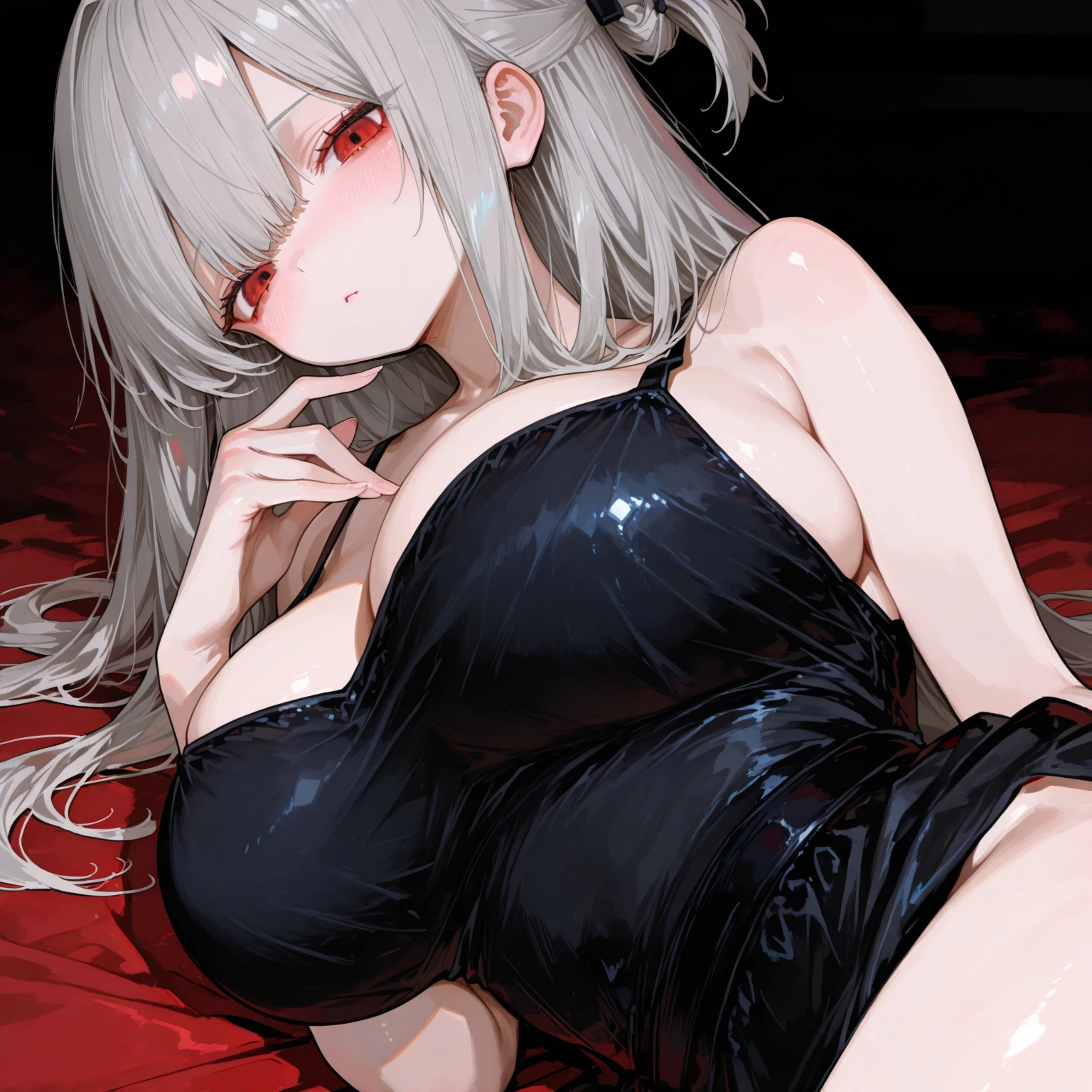 Young sexy woman wearing a red dress sitting on a chair, dim lighting, sexy, hot, lustful
(masterpiece), best quality, expressive eyes, perfect face, long white Hair, orange eyes, milf , pink lips , milf face, short red dress ,cow ears , cow girl, 1girl, seductive smile, Neon Light, IncrsHeadGrabPOV,madure girl