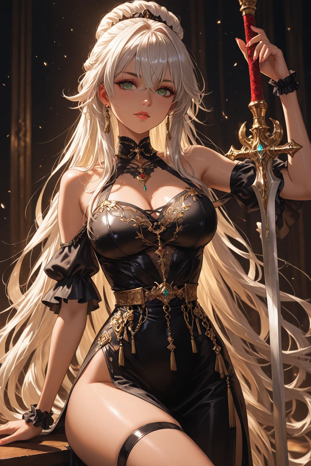 Long hair with metallic pale white waves Muscular and macho queen of the underworld Black and red leather bondage Black and red bondage shorts Beautiful golden eyes pale skin Emerald earrings long ears A sexy glamorous in throneroom realisitic Precision Details unrealengine High-density hands Fantasy Artwork