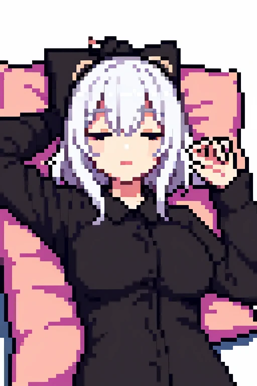 Hool'Heyak(Arknights),grey hair,feather ears,curvy body,big breast,big hips,fully naked very wet body,nsfw,bred by a black man(faceless,bald, a bit fat,black skin),has a black cock,fully naked mating on bed,sex scene, romantic, midnight setting, bedroom, cheating wife, netorare, illicit affair,((pixel art style)).