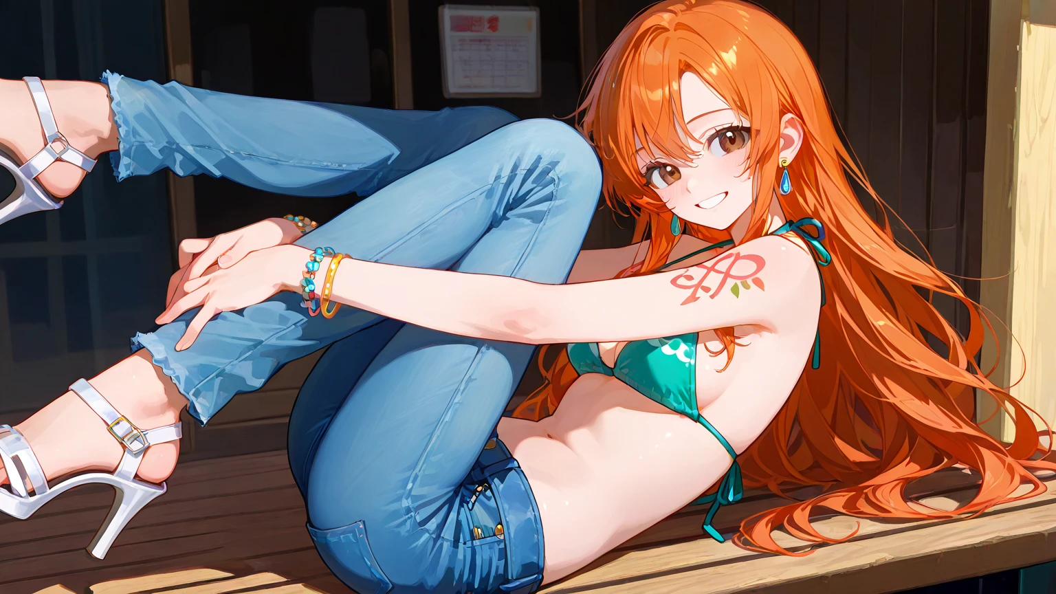 detailed background, masterpiece, 4k, epic, best quality, late youth, adult, milf, athlete body, 1girl, active, energic, ((wide open mouth, lying on the ground, fully lying down, sleeping, knocked out, closed eyes, hands spread sideway)) , solo, nami \(one piece\), 1girl, bangle, (very wet, drenched in sweat, sweat all over body, very missy hair, tired, open mouth, exhausted, screaming, sweaty face, sweaty body, bruises, injury, feeling hot, sweating too much, blushing, tilting head, shiny sweat, both hands spreadeagled, serious, hurt, glaring, closed eyes, looking up, perfect detailed face, round face, sweat on face) bold drawing lines, muscular arms, detailed bold arm lines, flat jaw, adult woman, wavy wide streaked bangs, floating bang, (big cheeks), bare shoulders, off-shoulders, belt, bikini, bikini top only, blue sky, bracelet, springy breasts, breast lines, big round eyes, very big brown shiny eyes, bubbles, high eye position, cleavage, cloud, day, denim, earrings, floating hair, shiny hair, green belt, green bikini, bold groin lines, jeans, jewelry, medium breasts, log pose, long hair, looking at viewer, long navel, wet hair, orange hair, pants, shoulder tattoo, sidelocks, sky, solo, stomach, swimsuit, tattoo, detailed left arm, big forehead, hourglass figure, small head, toned body, wide hair, wind effect, sun effect, under the sun, narrow small ears angle, older, straight shot,